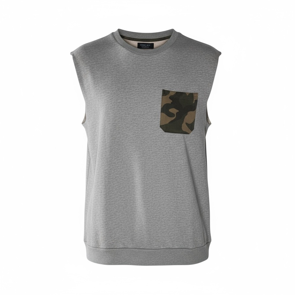 💥Zara Man Sleeveless Sweatshirt Sz M Gray Camo Pocket Tank